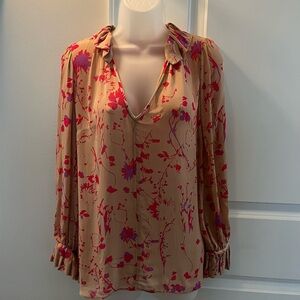 Chiffon Italian Blouse Gold and Red Print, Sz 40